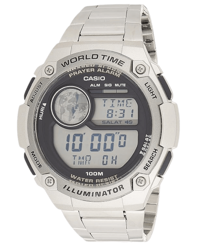 Smart Casio CPA-100D-1AVDF prayer time watch with stainless steel band