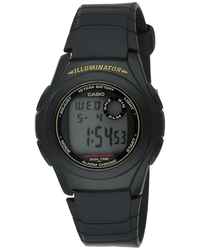 Reliable Casio F-200W-9ADF digital watch with black strap and gold-tone display