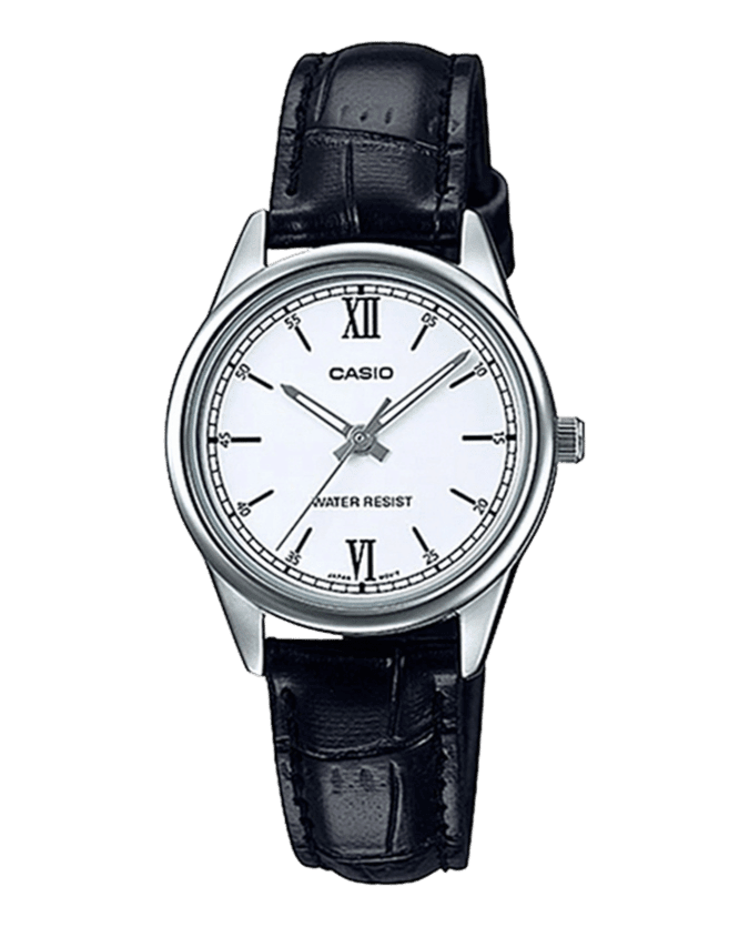 Casio LTP-V005L-7B2UDF with white dial and black leather strap