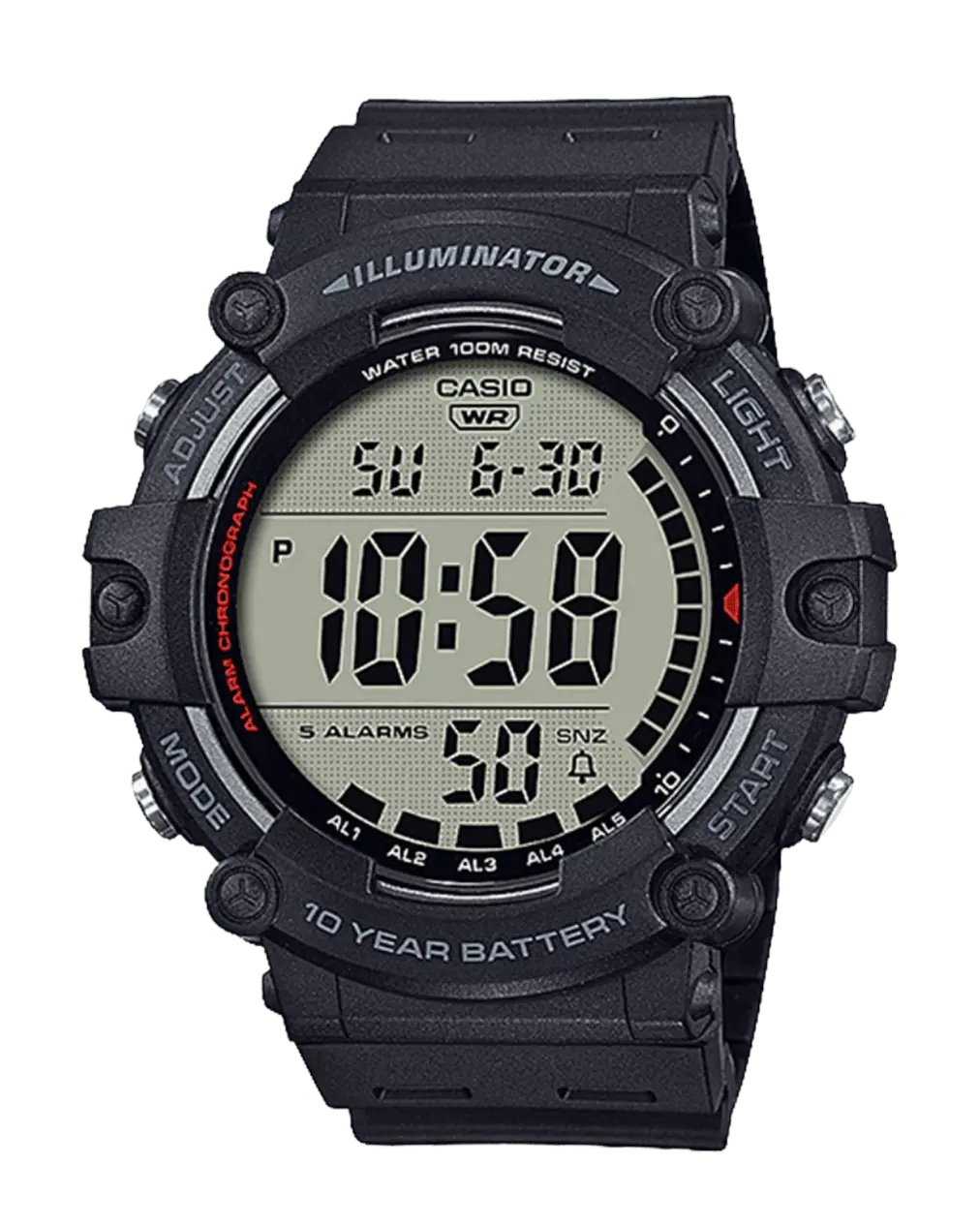 Casio AE-1500-1AVDF rugged black digital watch front view